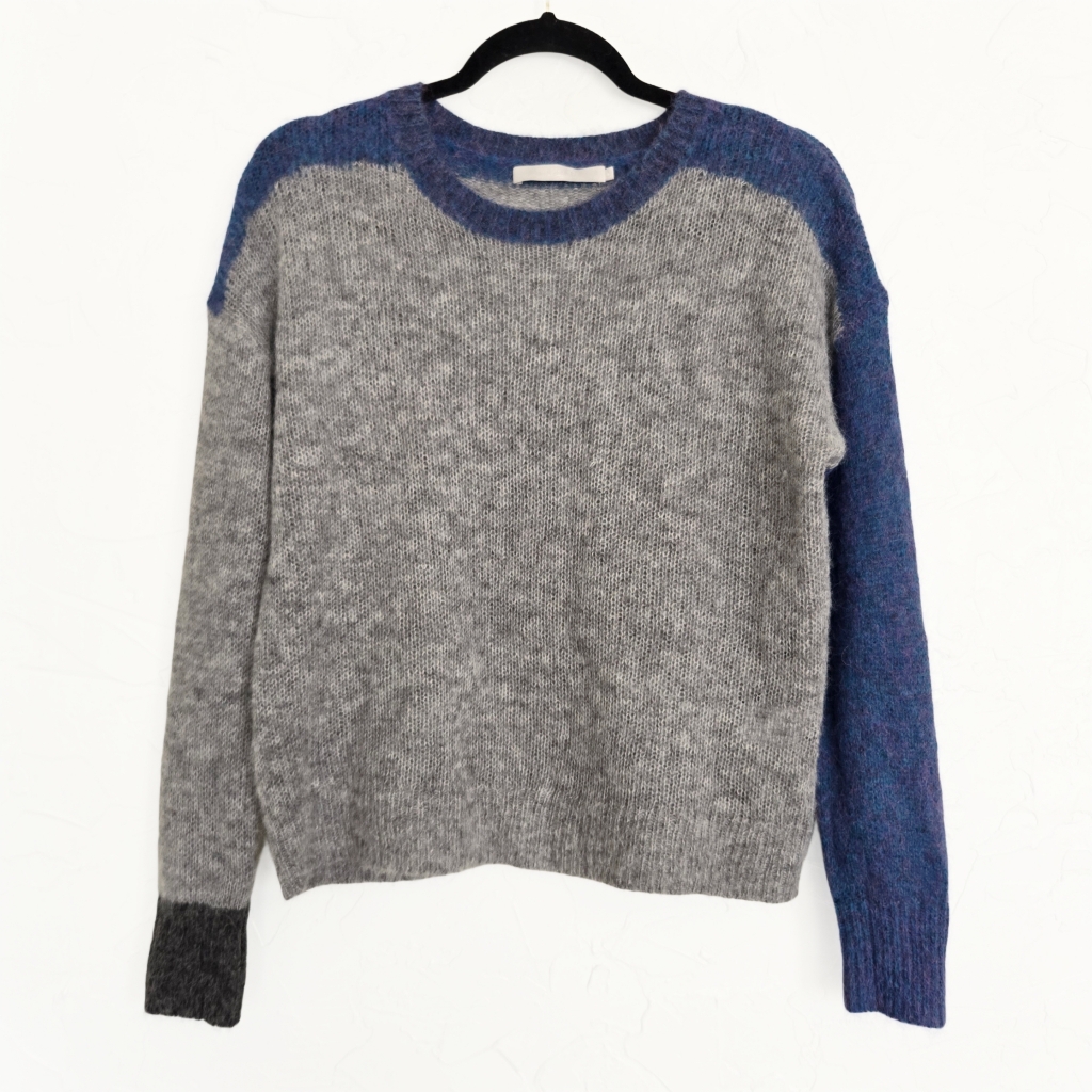 One Grey Day Alpaca Wool Color Block Gray Blue Knit Sweater, S